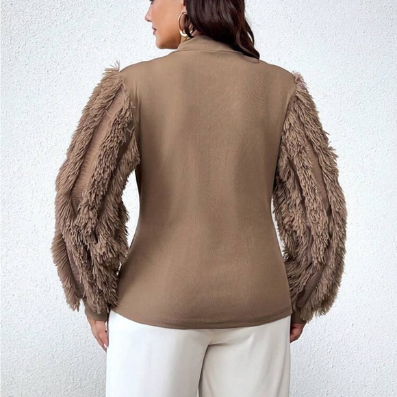 Cozy Plus Size Fuzzy Trim Mock Neck Tee Top Shirt Blouse - Picture 2 of 5